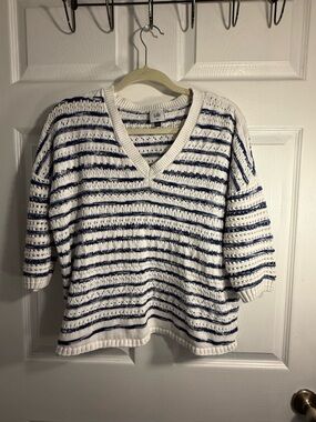 CAbi Striped Spring/Summer  V‑Neck Knit Sweater - White & Navy